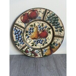 Vintage Decorative Metal Plate Platter Fruits & Flowers Hand Painted Round 14”